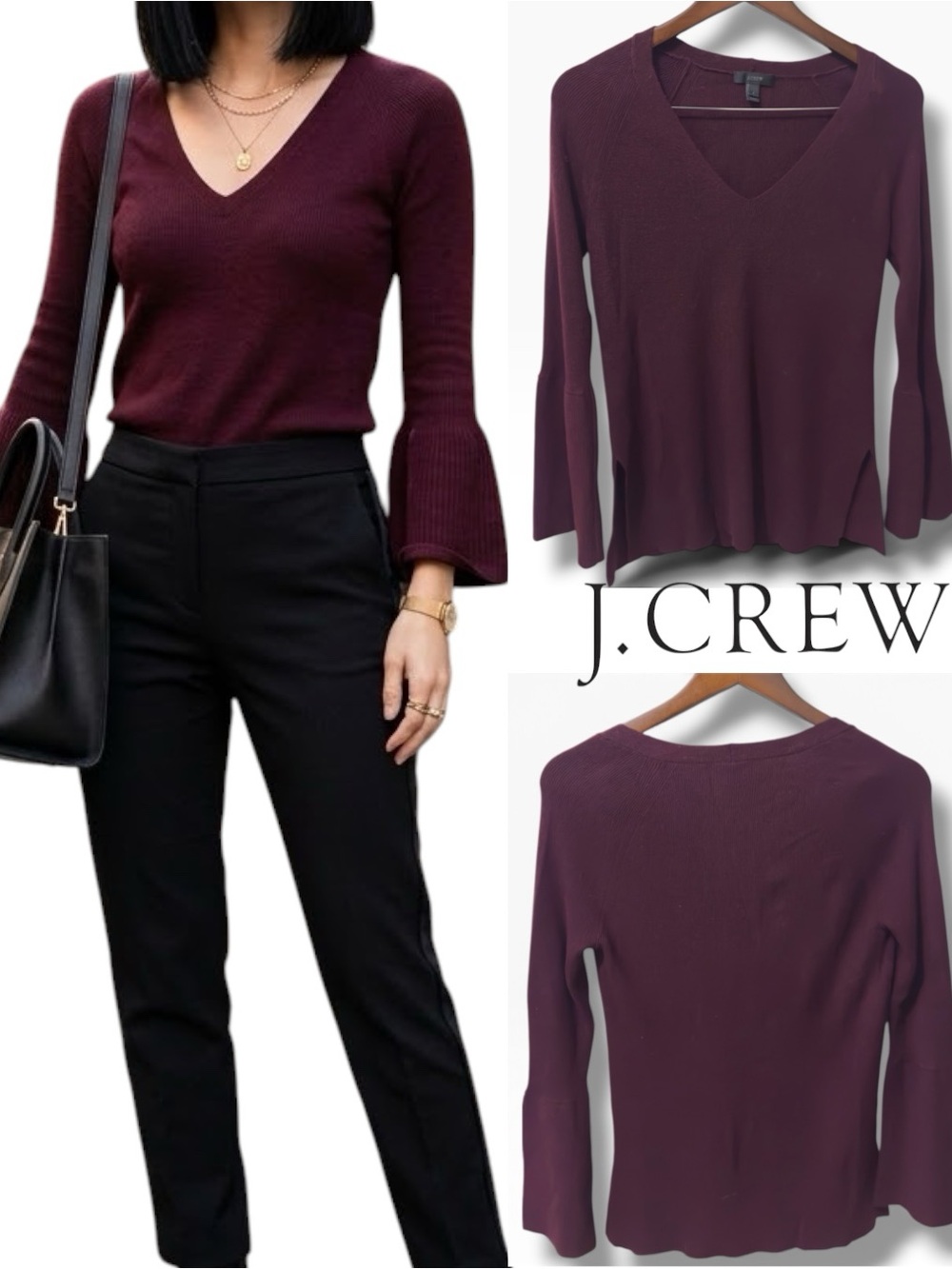 J.Crew | NWOT Wool Blend Burgundy V-Neck Bell Sleeve Sweater (Size XS/S)